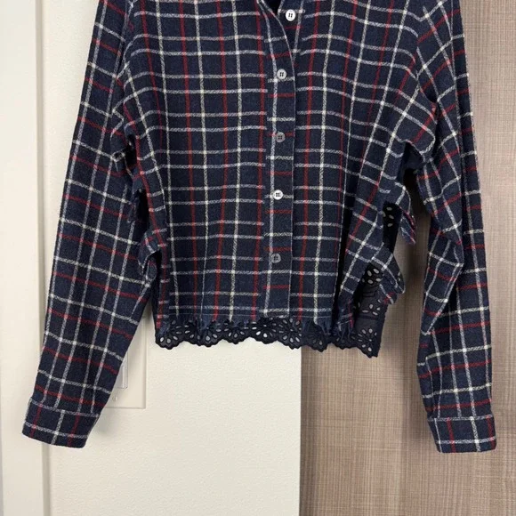 Sea New York‎ Navy Wool Plaid Peekaboo Shirt with Eyelet Back - Picture 5 of 13